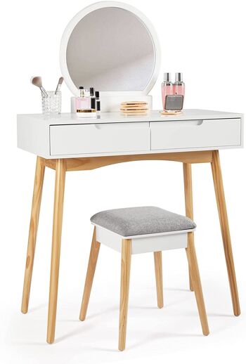 Coiffeuse avec tabouret miroir rond 2 tiroirs en bois style moderne pour chambre à coucher, blanc 1