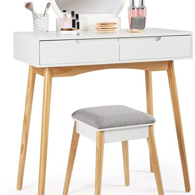 Dressing Table with Round Mirror Stool 2 Drawers Wooden Modern Style for Bedroom, White