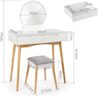 Coiffeuse avec tabouret miroir rond 2 tiroirs en bois style moderne pour chambre à coucher, blanc 3