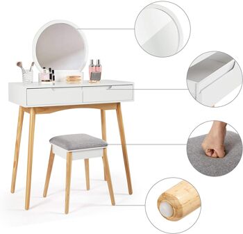 Coiffeuse avec tabouret miroir rond 2 tiroirs en bois style moderne pour chambre à coucher, blanc 4