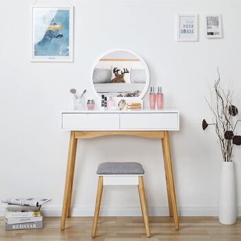 Coiffeuse avec tabouret miroir rond 2 tiroirs en bois style moderne pour chambre à coucher, blanc 2