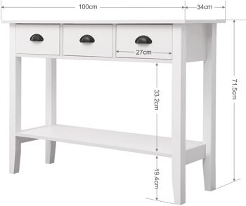Table console, table de couloir avec 3 tiroirs et étagère de rangement style moderne pour entrée salon chambre, blanc 3
