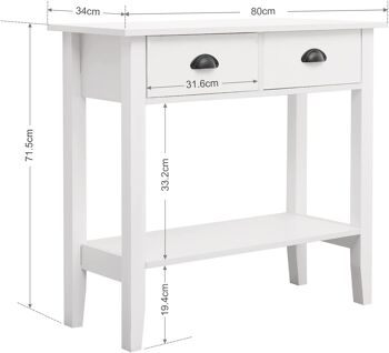 Table console, table de couloir avec 2 tiroirs et étagère de rangement style moderne pour entrée salon chambre, blanc 4