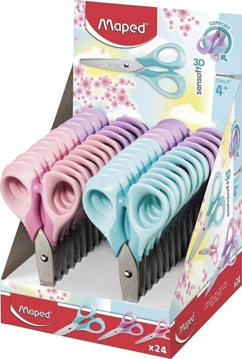 Ciseaux SENSOFT PASTEL 13 cm, anneaux souples, coloris assortis, en présentoir