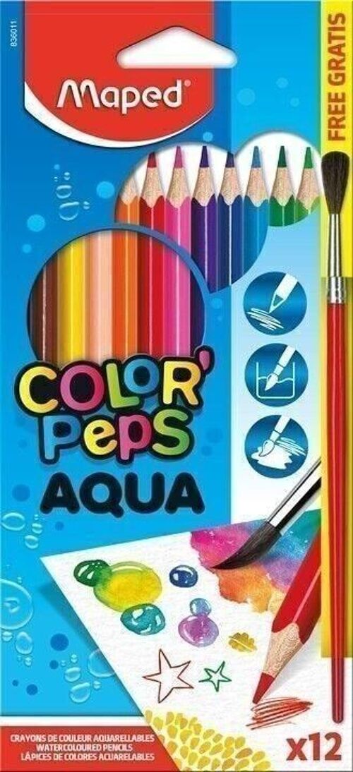 12 crayons de couleur AQUARELLABLES COLOR'PEPS en pochette carton + 1 pinceau offert