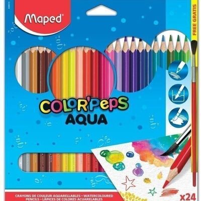 24 crayons de couleur AQUARELLABLES COLOR'PEPS en pochette carton + 1 pinceau offert