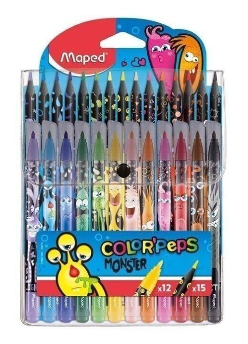 Combo Pack Collector MONSTER : 12 feutres MONSTER + 15 crayons de couleur MONSTER, en pochette plastique