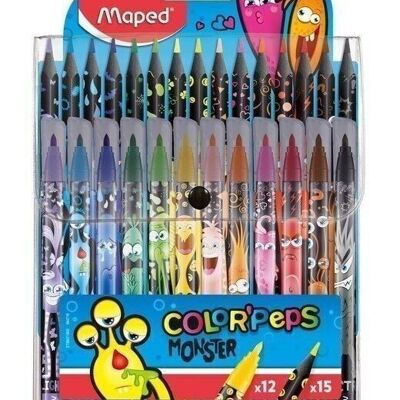 MONSTER Collector Combo Pack: 12 rotuladores MONSTER + 15 lápices de colores MONSTER, en estuche de plástico