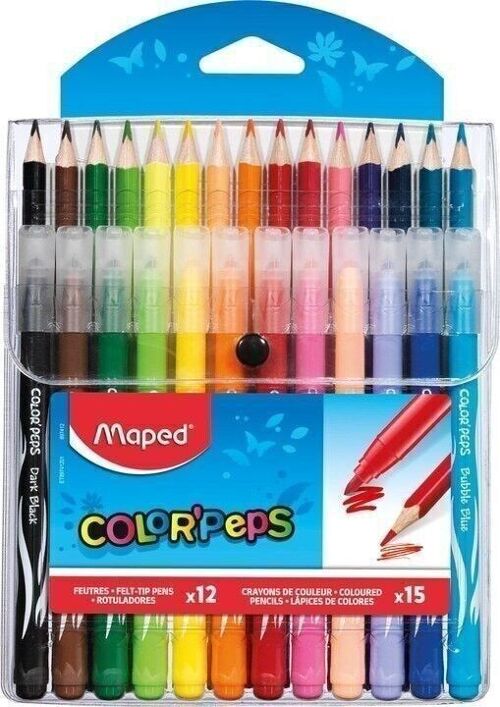 Combo Pack COLOR'PEPS: 12 feutres JUNGLE + 15 crayons de couleur, en pochette plastique