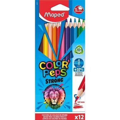 12 crayons de couleur COLOR'PEPS STRONG - Maped - Crayons de couleurs pour enfants, scolaire - Pochette carton