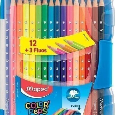 SMART BOX of 15 COLOR'PEPS colored pencils: 12 + 3 fluos