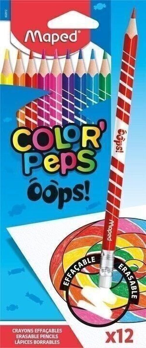 12 crayons de couleur effaçables COLOR'PEPS OOPS en pochette carton