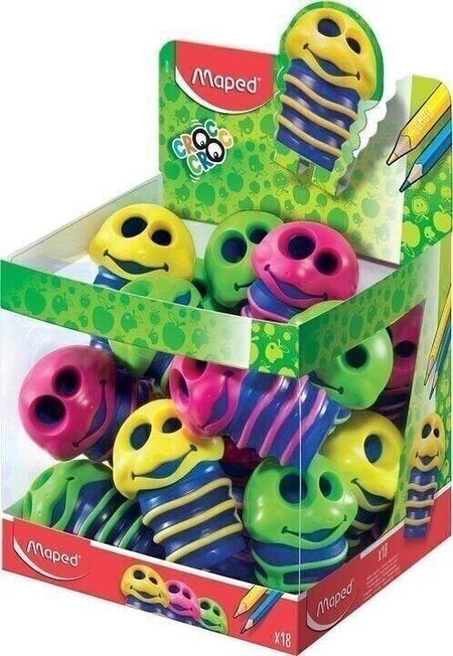 Maped - Taille-crayons Croc Croc Chenille 2 trous - Display 20 pcs - Vert, jaune et rose