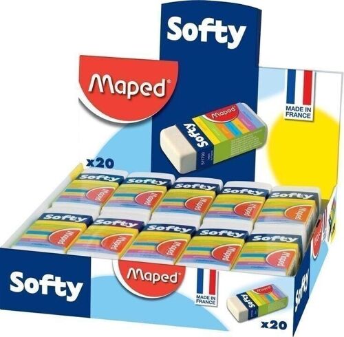 Gomme SOFTY avec fourreau carton, sous cellophane, en présentoir