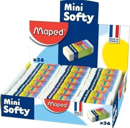 Gomme MINI SOFTY avec fourreau carton, sous cellophane, en présentoir