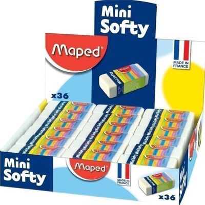 Gomme MINI SOFTY avec fourreau carton, sous cellophane, en présentoir