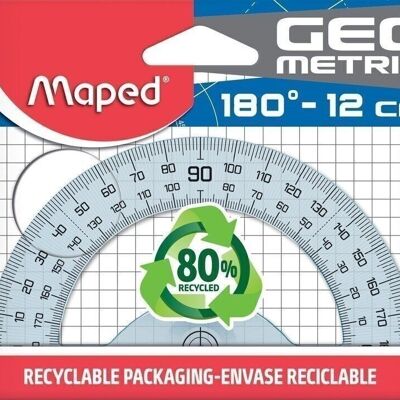 Protractor 180° base 12 cm - GEOMETRIC, in recycled plastic