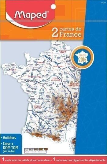 Pochette de 2 cartes de France : reliefs et fleuves / régions et départements 2016, 
  sachet brochable 3