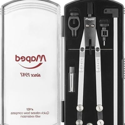 Juego de compás de 4 piezas MAPED 1947 N°421: 1 compás balaustre 160 mm, 1 anillo, 1 extensión 140 mm, 1 estuche