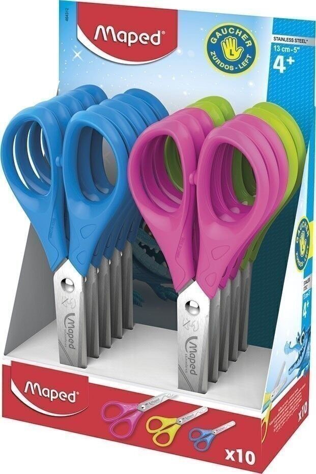 LEFT-HANDED ESSENTIALS scissors 13 cm, round tips, assorted colours, in display