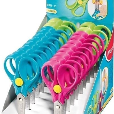SECURITY scissors 13 cm, safety button, assorted colours, in display
