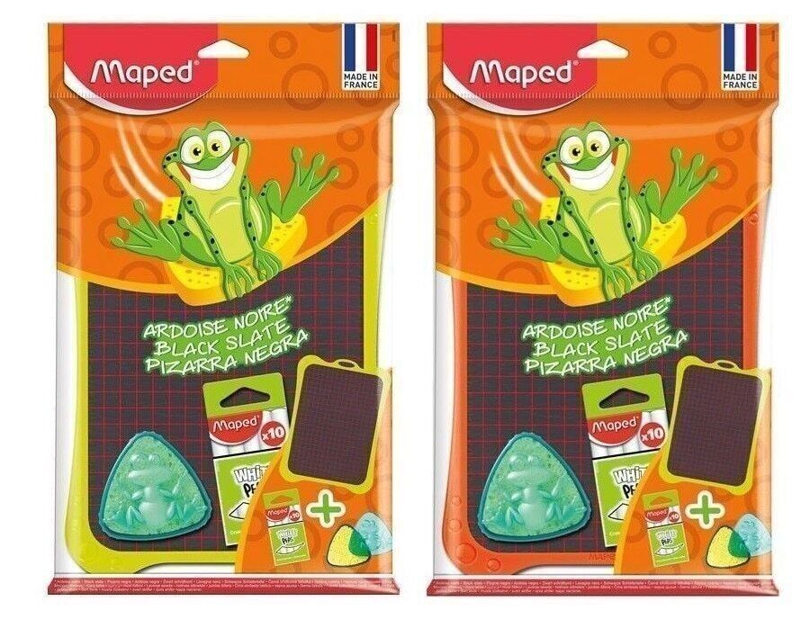 Kit ardesia nera con 1 scatola spugna modello rana + 1 scatola da 10 gessetti bianchi, in sacchetto rimovibile