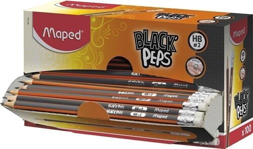 Crayons Graphite embout gomme BLACK'PEPS en boîte distributrice : 100 x HB