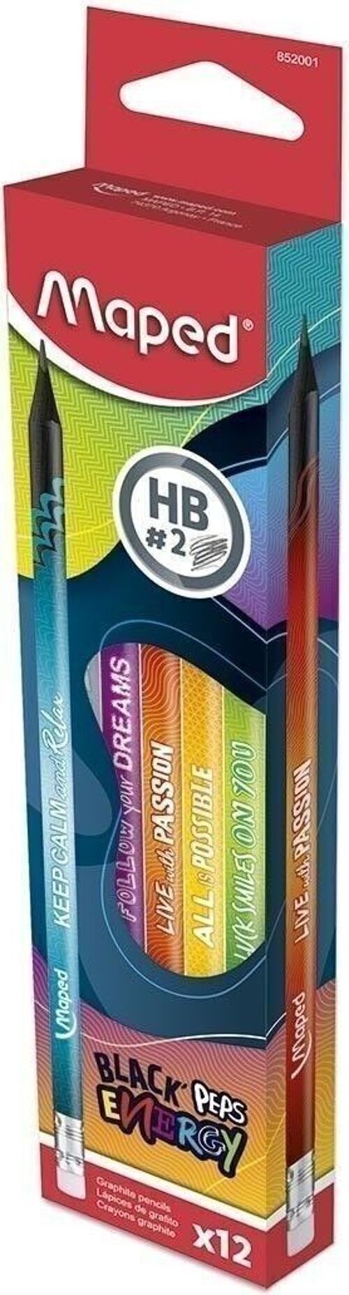 Crayons Graphite embout gomme BLACK'PEPS ENERGY HB x12 en boîte carton