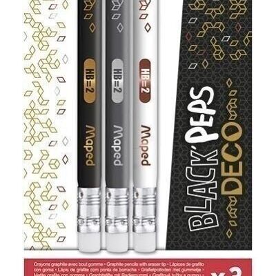Crayons Graphite embout gomme BLACK'PEPS DECO HB x3, en blister
