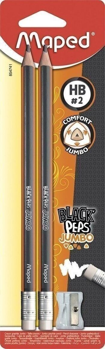 Crayon graphite BLACK'PEPS JUMBO triangulaire HB, embout gomme x 2 + 1 Taille crayon 1 usage jumbo, en blister 2