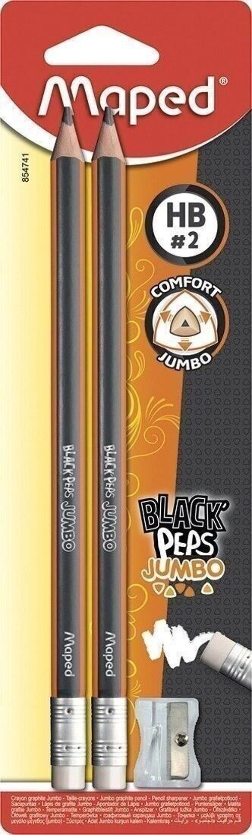 Crayon graphite BLACK'PEPS JUMBO triangulaire HB, embout gomme x 2 + 1 Taille crayon 1 usage jumbo, en blister