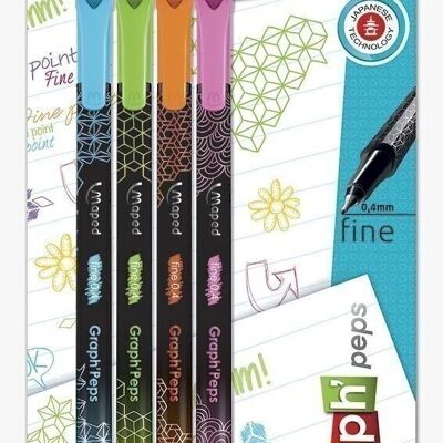 Blister de 4 feutres fins GRAPH'PEPS PREMIUM, coloris FANCY, corps décoré