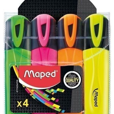 4 FLUO'PEPS CLASSIC highlighters: Green, Pink, Yellow, Orange, in a pouch