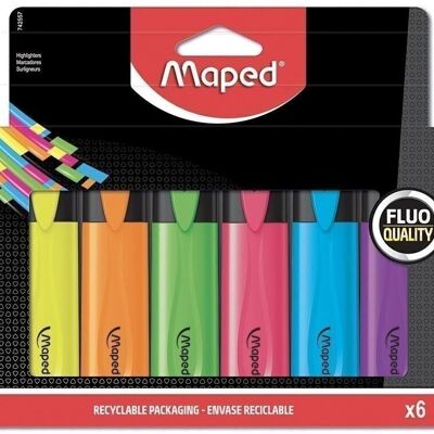 6 FLUO'PEPS CLASSIC highlighters: Yellow, Orange, Green, Pink, Blue, Purple, in a pouch