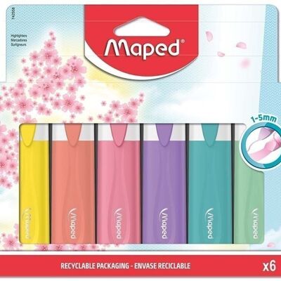 6 FLUO'PEPS CLASSIC PASTEL highlighters - Maped - School and office highlighters, colors Yellow, Orange, Green, Pink, Blue, Purple, in pouch