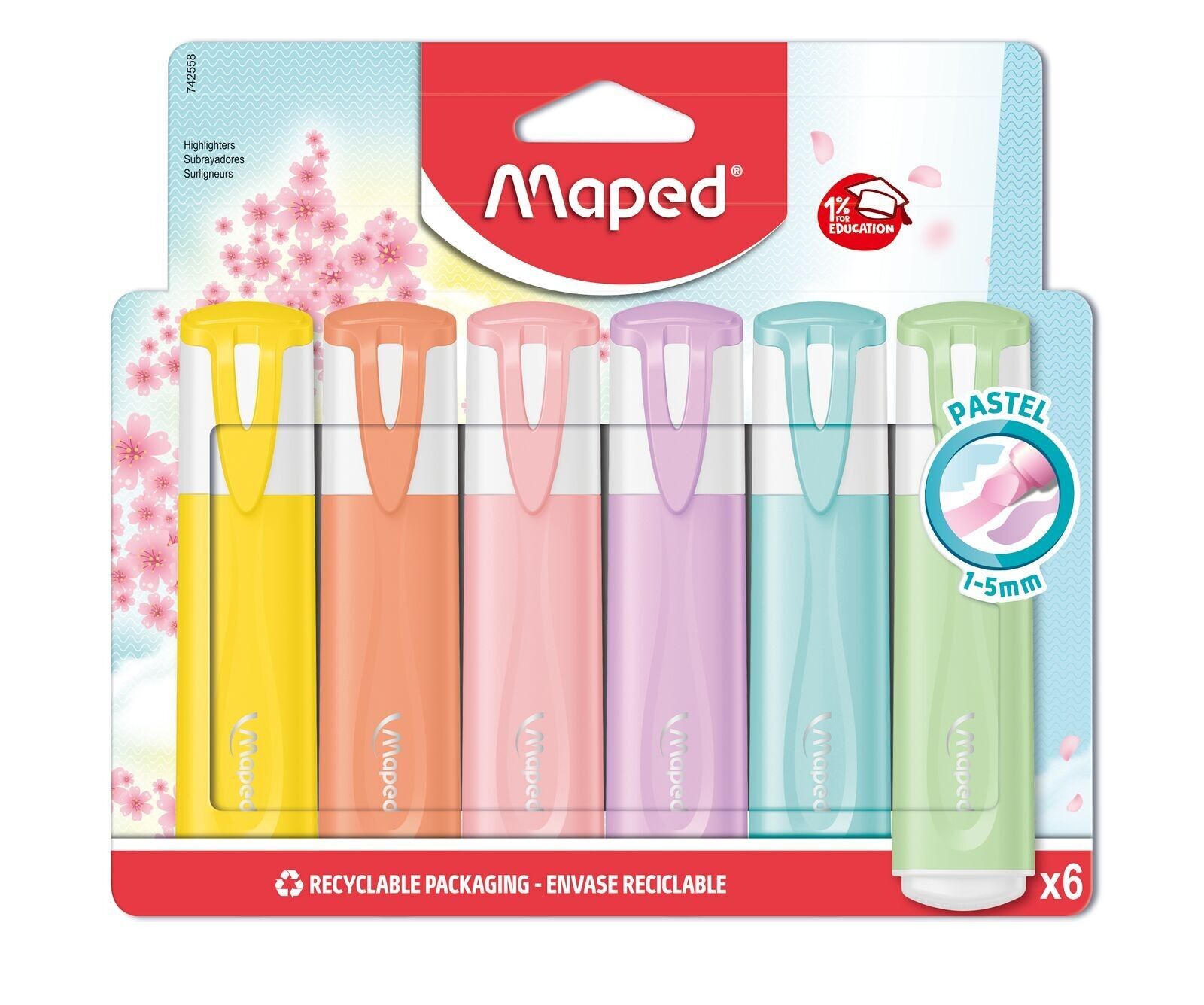 6 FLUO'PEPS CLASSIC PASTEL Textmarker – Maped – Textmarker für Schule und Büro, Farben Gelb, Orange, Grün, Rosa, Blau, Lila, im Beutel