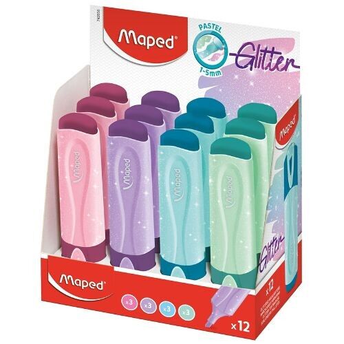 Présentoir de 12 surligneurs FLUO'PEPS GLITTER PASTEL - Maped - 4 coloris assortis : Rose, violet, bleu, vert