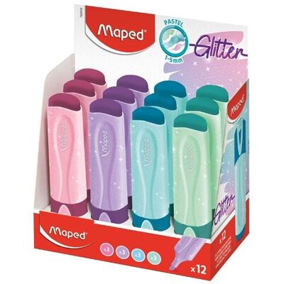 Display of 12 FLUO'PEPS GLITTER PASTEL highlighters - Maped - 4 assorted colors: Pink, purple, blue, green