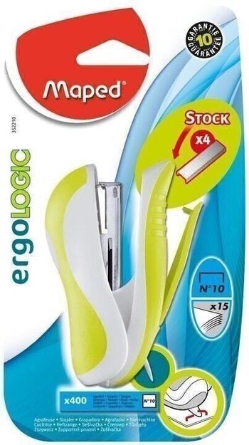 Agrafeuse ERGOLOGIC Pocket N°10 + 400 agrafes, coloris assortis, en blister 3