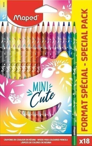 18 crayons de couleur MINI CUTE en FORMAT SPECIAL (équivalent 15+3), en pochette carton 4