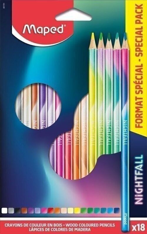 18 crayons de couleur bois NIGHTFALL, FORMAT SPECIAL en pochette carton, équivalent 15+3