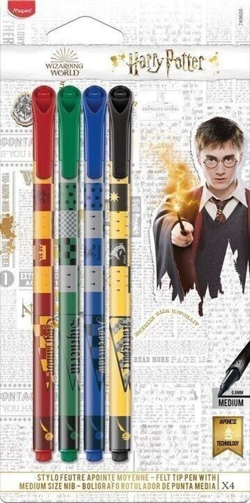 Maped - 4 feutres d'écriture Harry Potter - Pointe 0,8mm - Rouge, Vert, bleu et noir