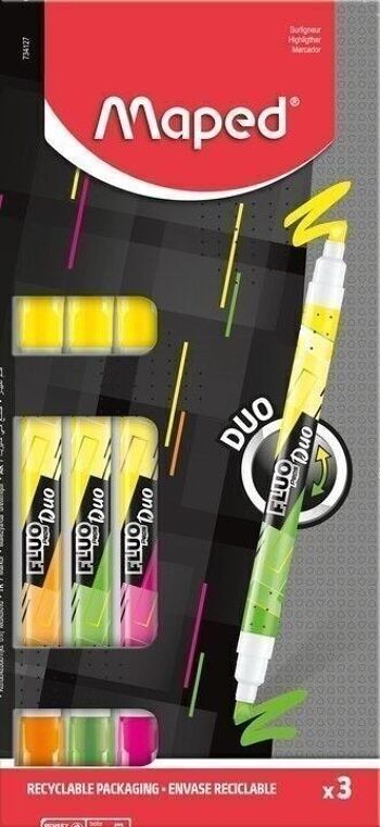 3 surligneurs FLUO'PEPS PEN DUO, blister 100% carton 1