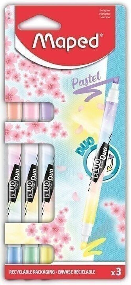 3 surligneurs FLUO'PEPS PEN DUO PASTEL blister 100% carton