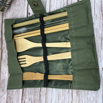 Reusable Bamboo Cutlery Travelling Set with Cotton Green Pouch