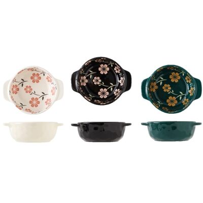 Set of 3 Oven Proof Ceramic Ramekins w/ handles- TriColor Flowers