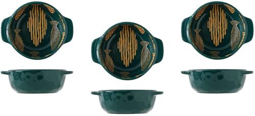 Set of 3 Oven Proof Ceramic Ramekins w/ handles- GreenFish Design