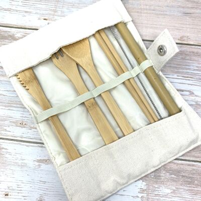 Reusable Bamboo Cutlery Travelling Set with Cotton Beige Pouch
