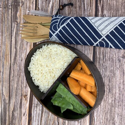 Reusable Bamboo Cutlery Travelling Set with Cotton Blue White Pouch