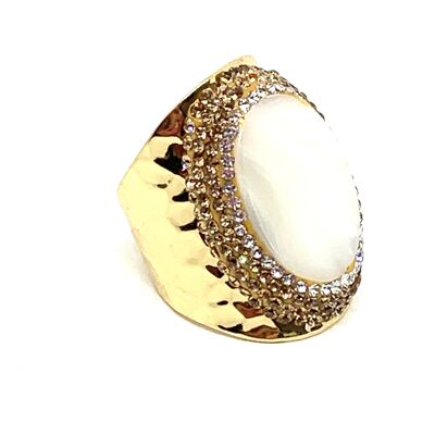 Bague strass doré nacre blanche